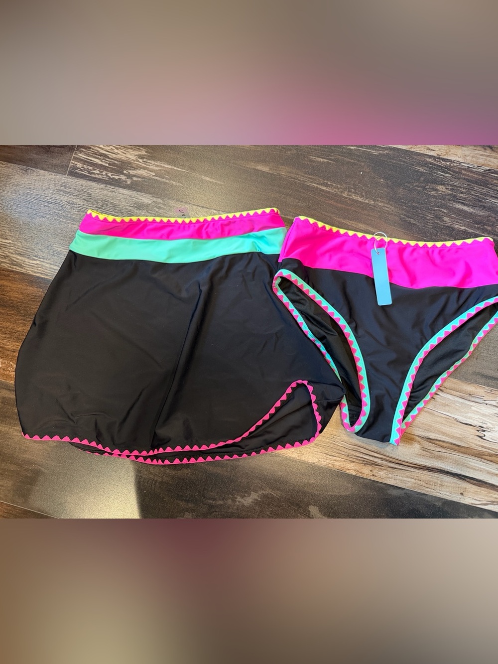 NWT Popvil Neon Bikini Bottom & Swim Skirt Set M Black Pink Mint